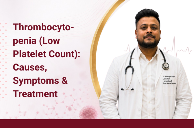 Low platelet count illustration representing thrombocytopenia treatment by Dr. Adamya Gupta.